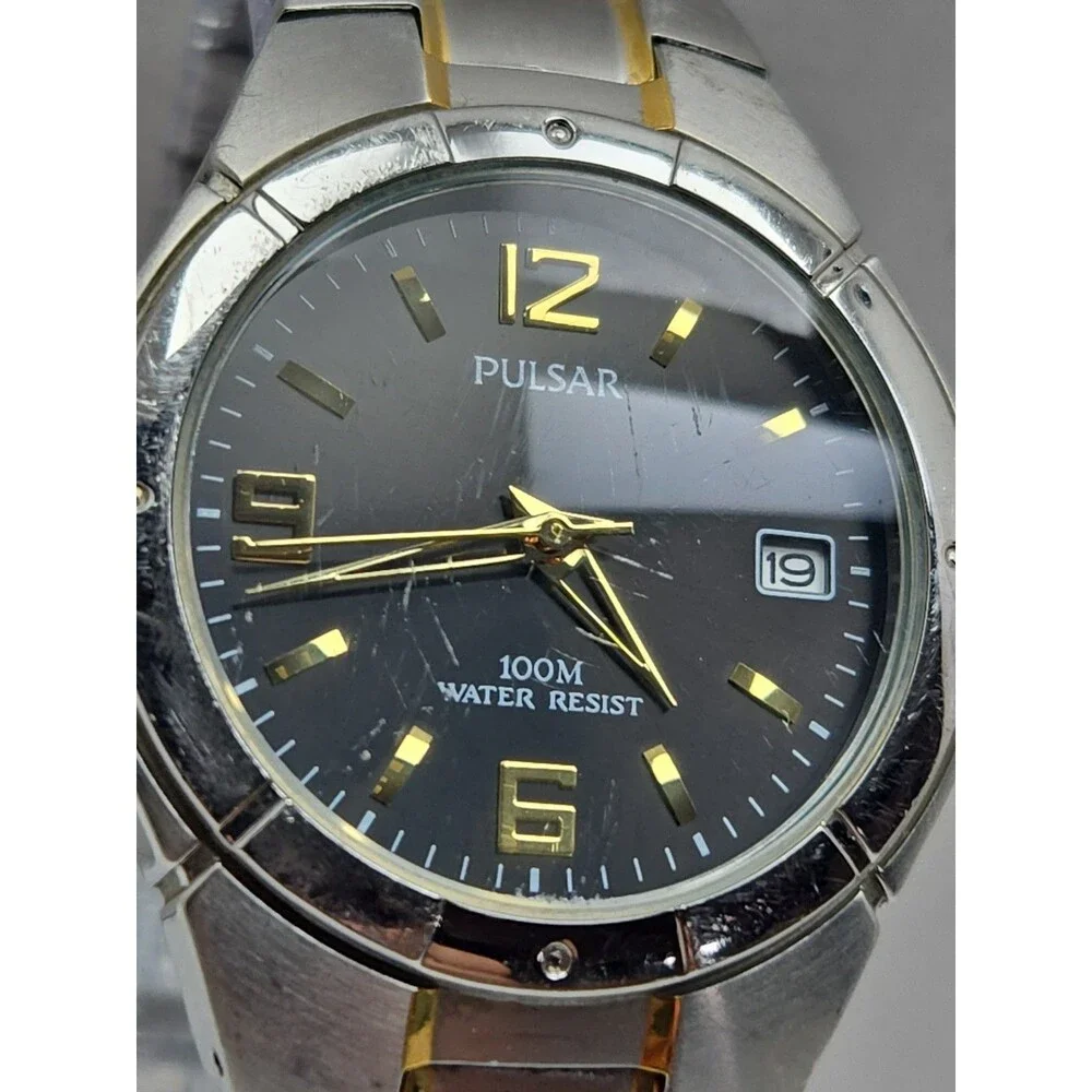 Pulsar by Seiko Mens 38mm Two Tone Date 100M Stainless Steel Watch New Battery